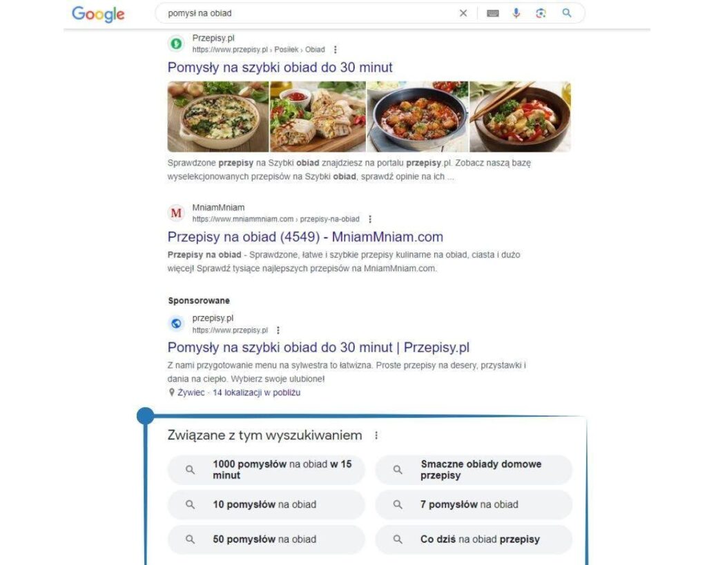 Podobne wyszukania na stronie SERP - podpowiedzi Google