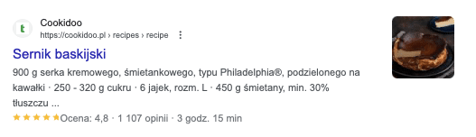 Dane rozszerzone w wynikach wyszukiwania Google na przykładzie przepisu na sernik baskijski