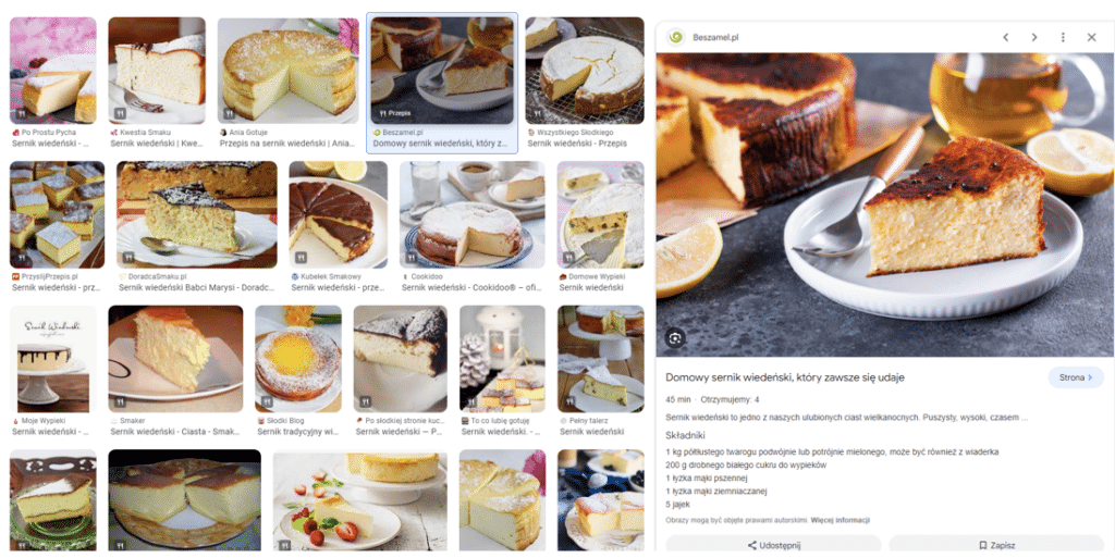 Dane rozszerzone w wynikach wyszukiwania Google Grafika na przykładzie przepisu na sernik wiedeński