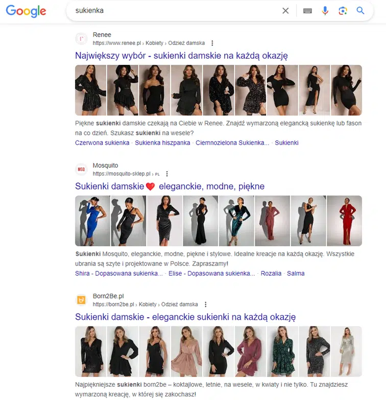 Generyczne słowo kluczowe „sukienka” i przykładowe wyniki wyszukiwania na to zapytanie