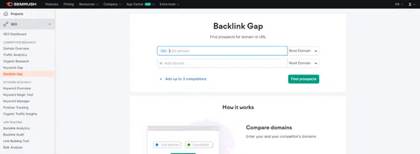 Backlink gap analysis tool available in Semrush