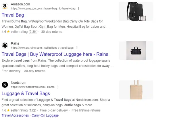 Sample search results for the keyword "travel bag"