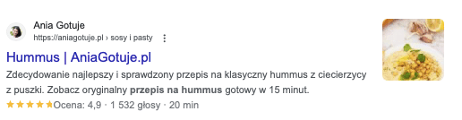 Widok elementów rozszerzonych recipe (przepisu kulinarnego) w wynikach wyszukiwania Google