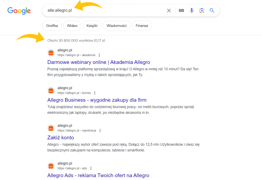 Przykładowe wyniki wyszukiwania z zastosowaniem komendy site