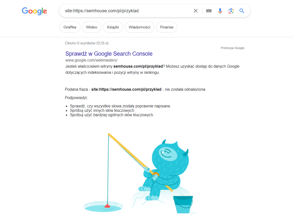 Niezaindeksowana strona - wyniki wyszukiwania w Google