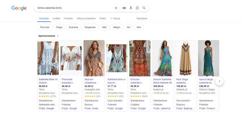 Google Ads - widok kampanii produktowej w wynikach wyszukiwania