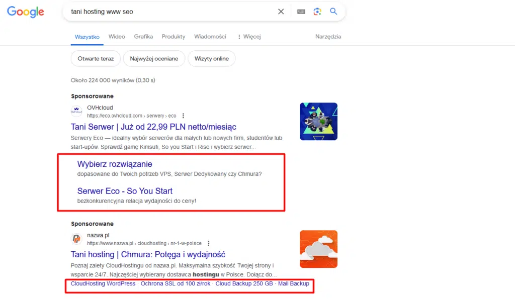 Rozszerzenia reklam Google Ads - widok w wynikach wyszukiwania