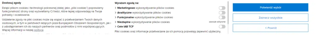 Przykładowy baner ze zgodami na wykorzystanie plików cookies po wdrożeniu Consent Mode v2