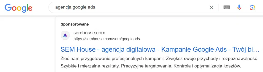 Emisja reklamy agencji SEM House w płatnych wynikach wyszukiwaniach