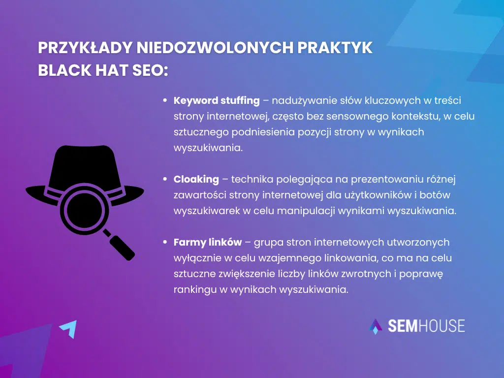 Przykłady technik Black Hat SEO: keyword stuffing, cloaking, farmy linków