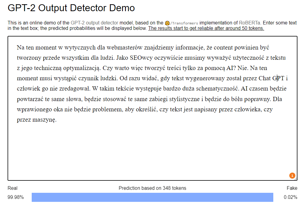 GPT-2 Output Detector - analiza treści pod kątem prawdopodobieństwa wygenerowania ich przez AI
