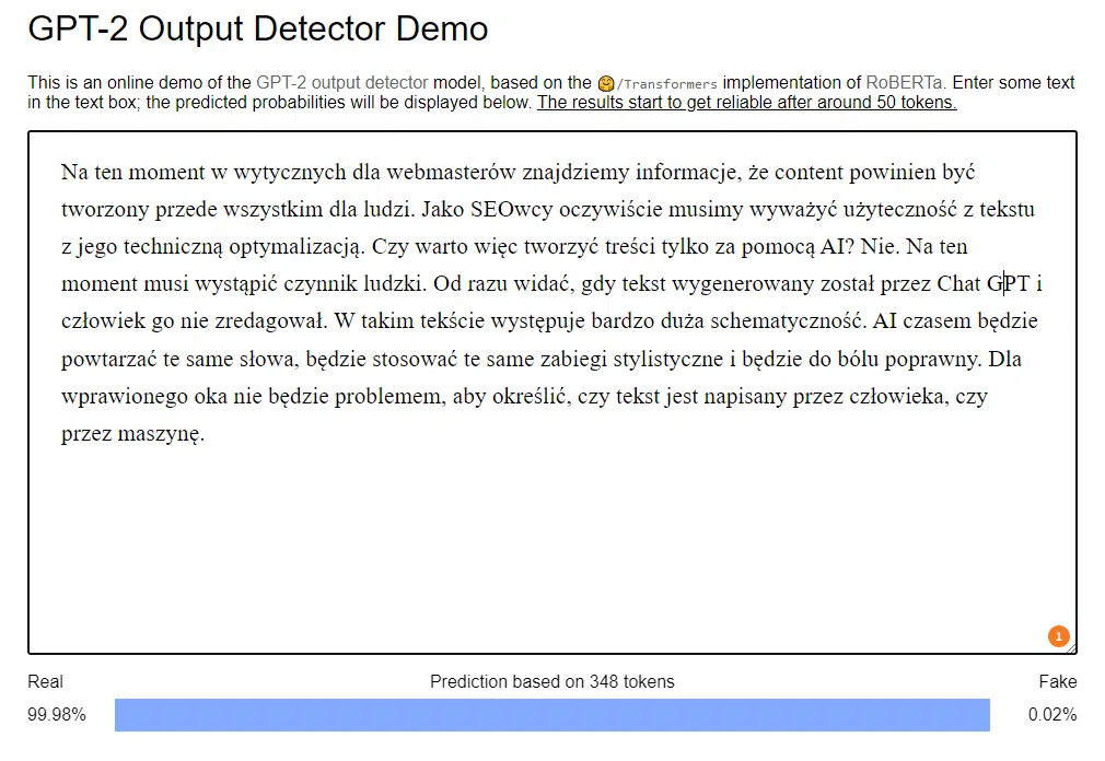 GPT-2 Output Detector - analiza treści pod kątem prawdopodobieństwa wygenerowania ich przez AI