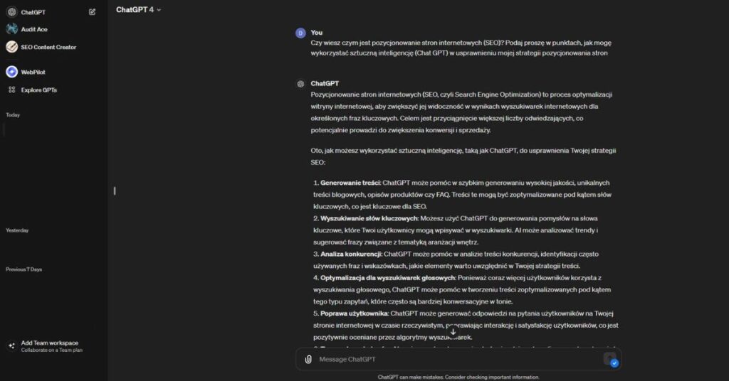 Odpowiedź ChatGPT na pytanie o możliwości wykorzystania AI w SEO
