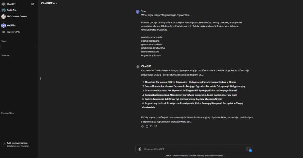 Generowanie tematów treści z wykorzystaniem podanych słów kluczowych przez ChatGPT