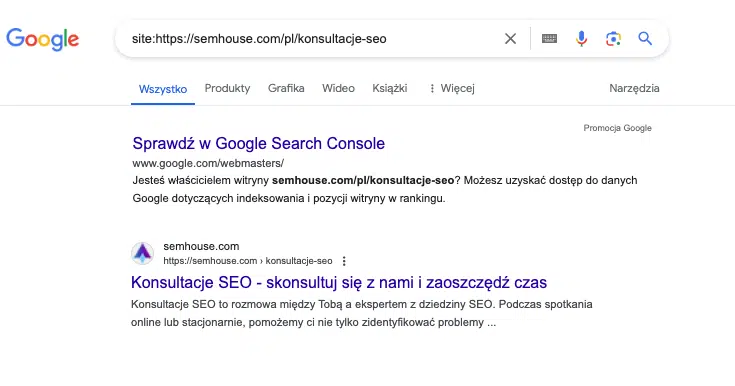 Sprawdzanie statusu indeksacji w Google przy użyciu komendy site - strona zaindeksowana