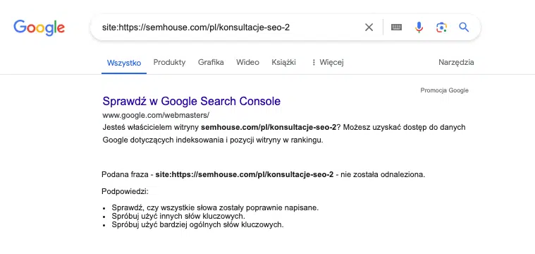 Sprawdzanie statusu indeksacji w Google przy użyciu komendy site - strona niezaindeksowana