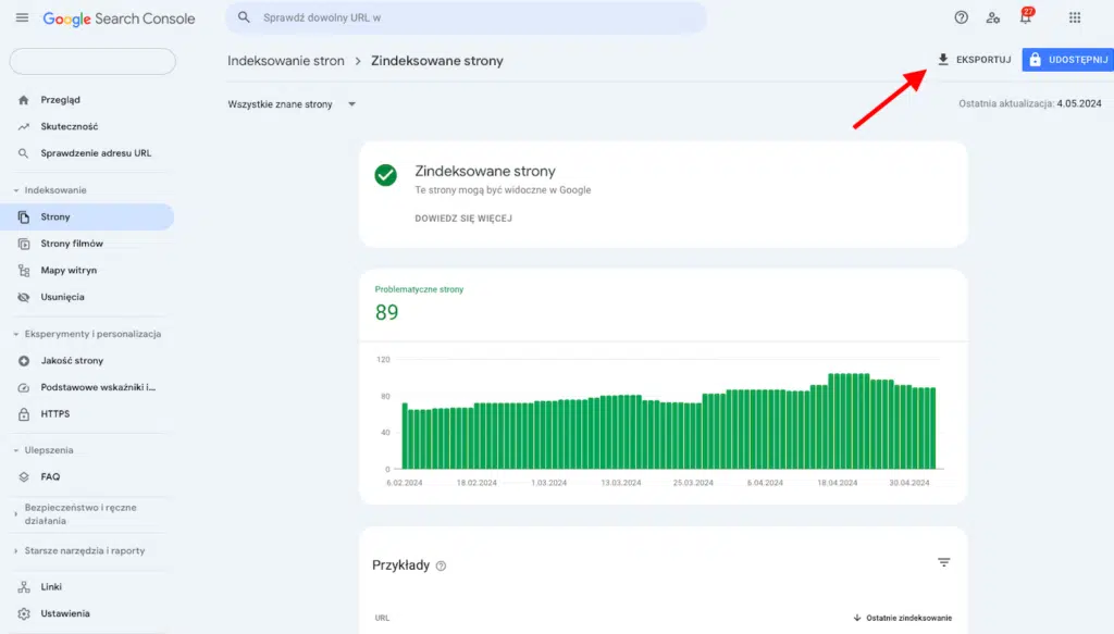 Dane na temat zaindeksowanych stron z Google Search Console - eksport do pliku