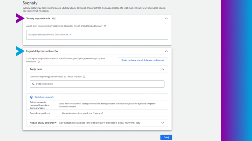 Konfiguracja kampanii Google Ads Performance Max - tematy wyszukiwania, sygnały dotyczące odbiorców