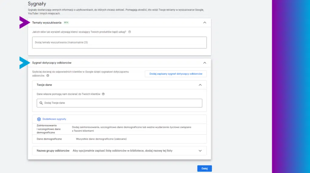 Konfiguracja kampanii Google Ads Performance Max - tematy wyszukiwania, sygnały dotyczące odbiorców