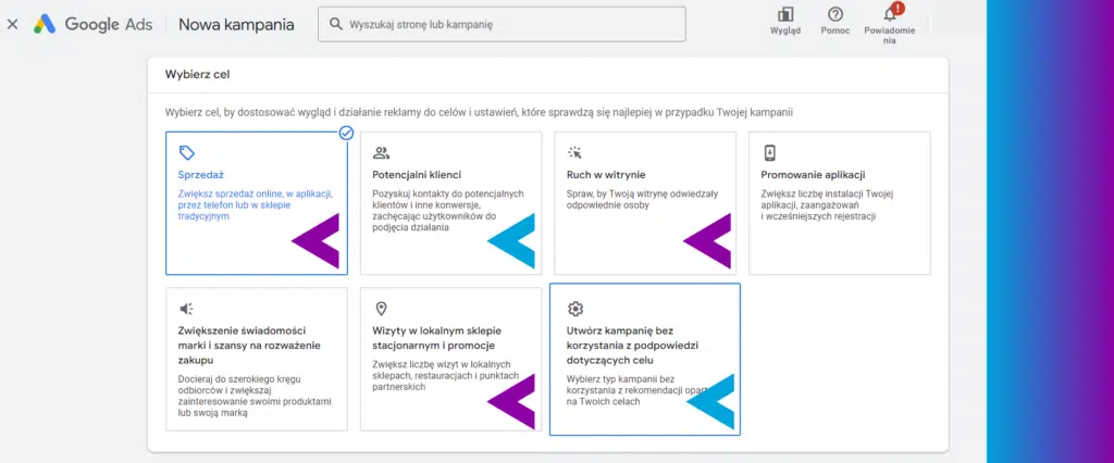 Wybór celu kampanii Google Ads Performance Max