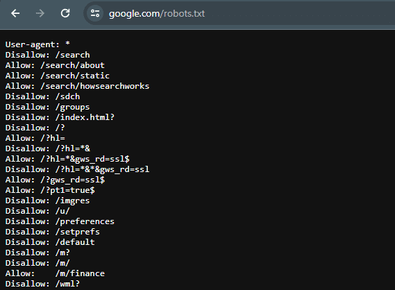 Plik robots.txt na przykładzie wyszukiwarki google.com