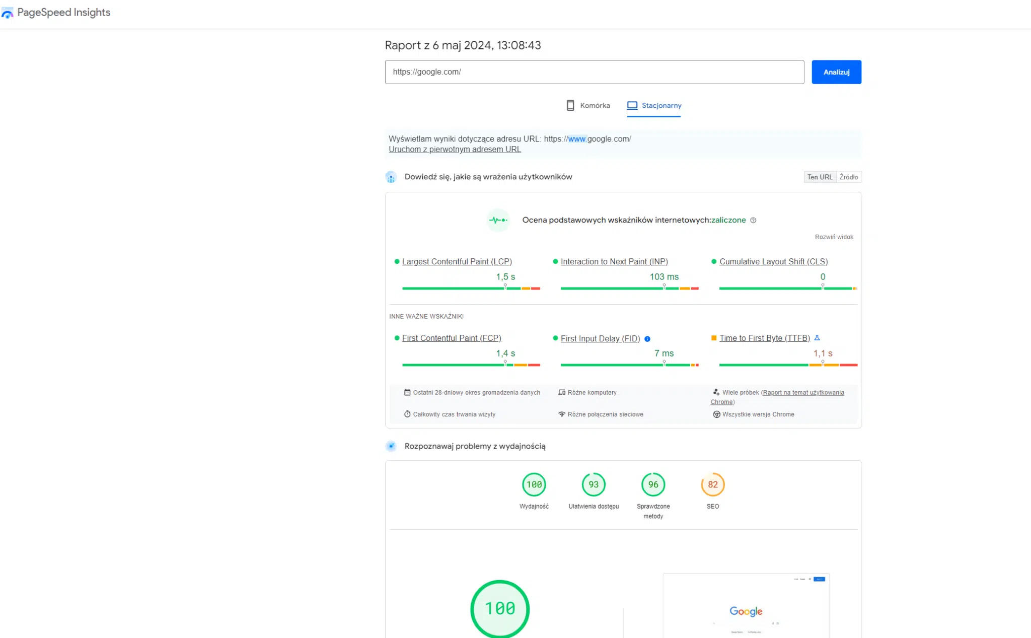 PageSpeed Insights - raport szybkości i efektywności strony