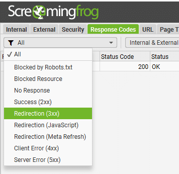 Grafika pokazująca gdzie znaleźć przekierowania (302 i inne) w narzędziu Screaming Frog.