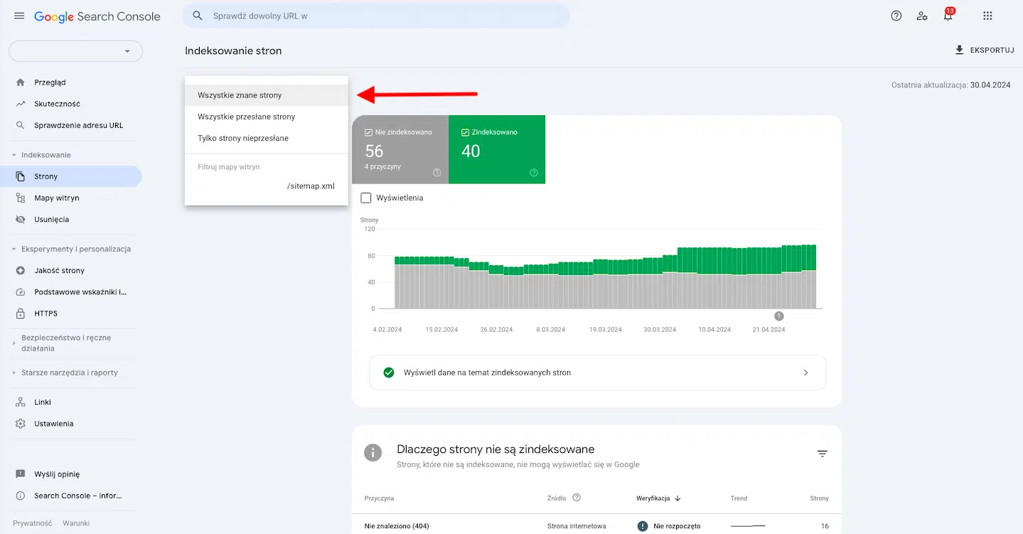 Identyfikacja błędów 404 za pomocą Google Search Console - zakładka Indeksowanie stron