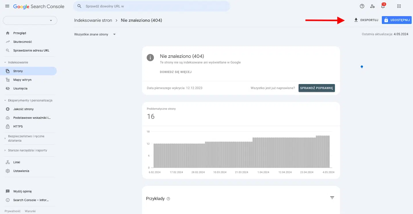 Eksport danych o błędach 404 w witrynie z Google Search Console