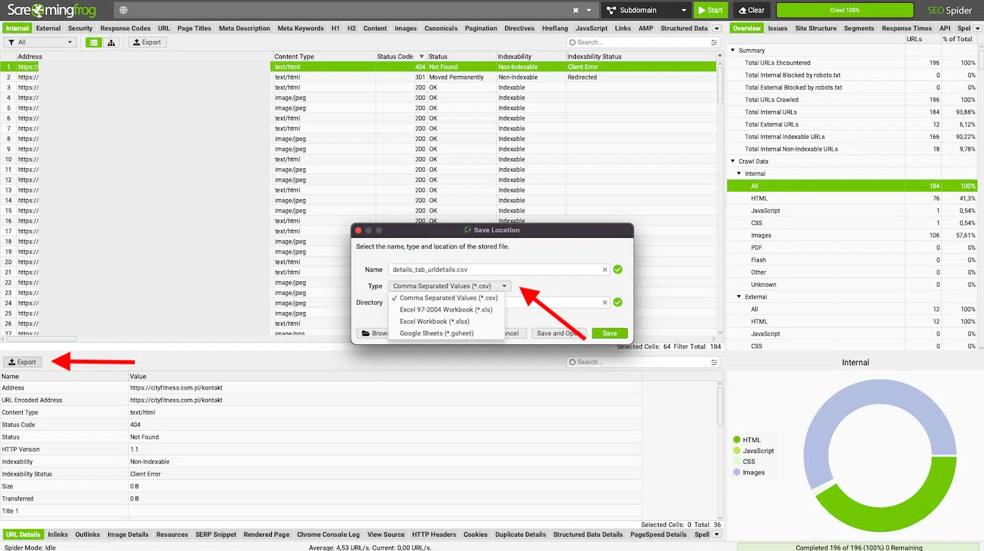 Eksport danych ze Screaming Frog