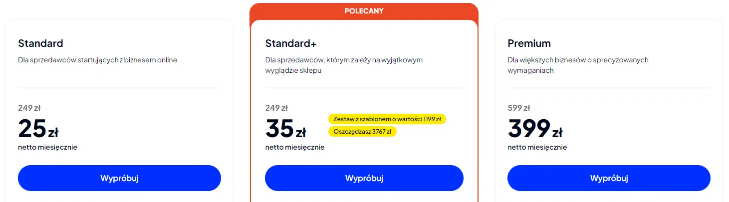 Przykładowe ceny za prowadzenie sklepu internetowego na platformie SaaS (abonament miesięczny)
