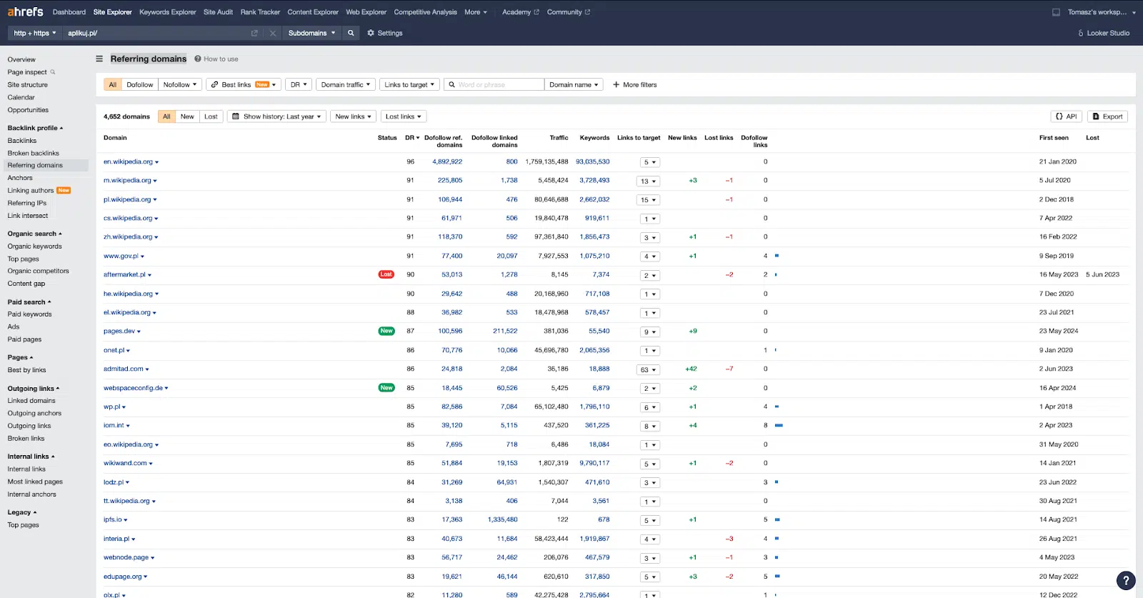 Ahrefs, zakładka Referring domains - analizac jakości domen odsyłających