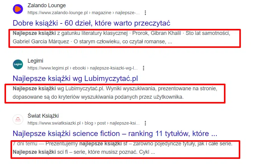 Widok meta description w SERP