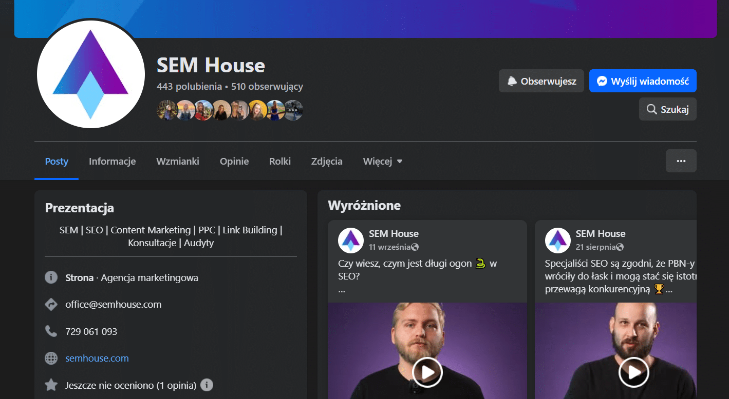 Profil firmowy na Facebooku - na przykładzie agencji SEM House