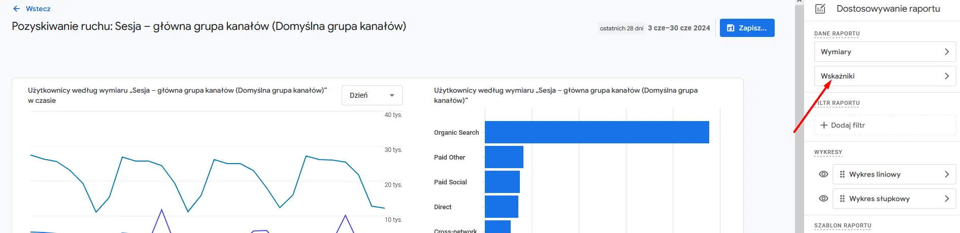 Dodawania bounce rate do widoku raportów w GA4 - wskaźniki