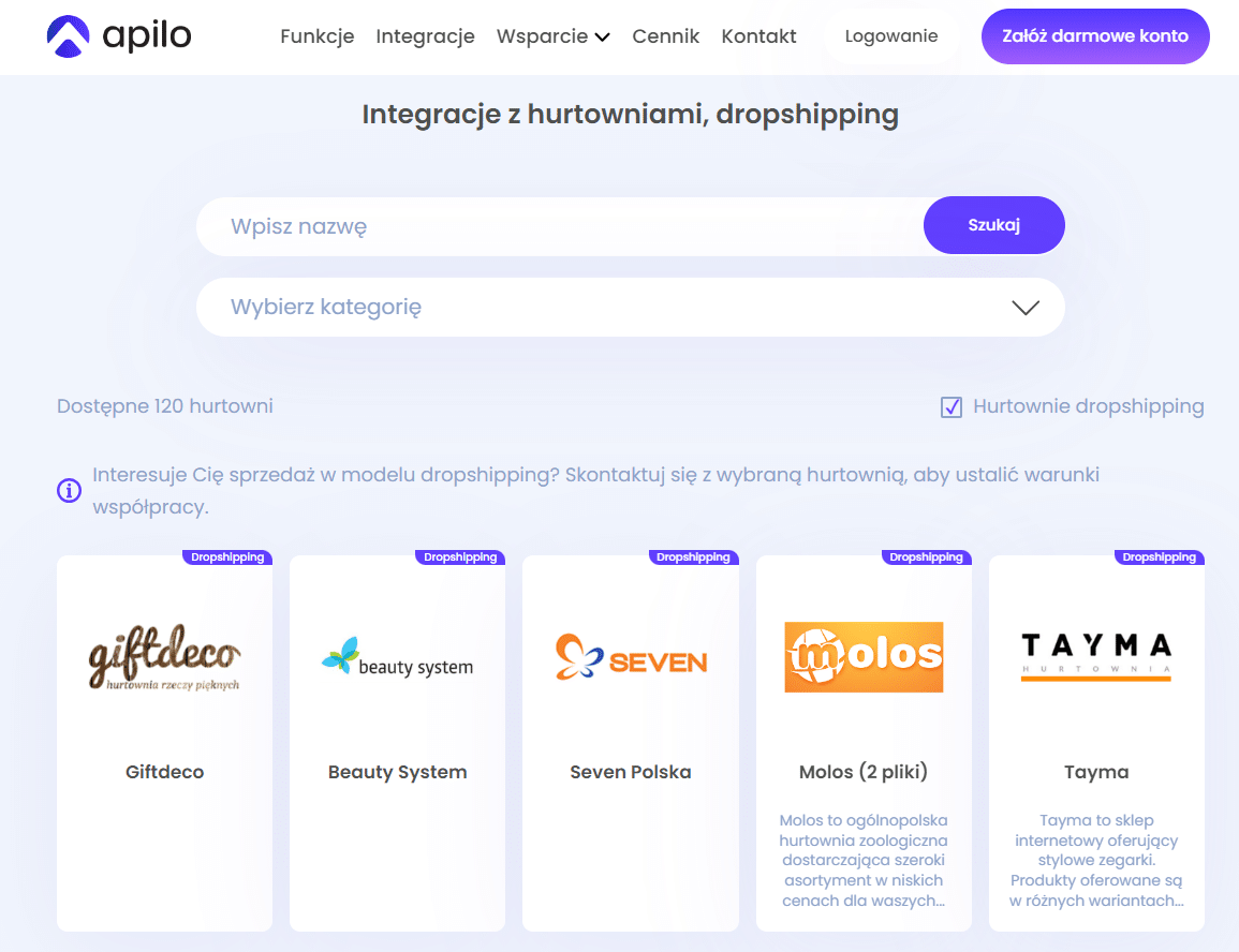 Platforma Apilo oferująca integrację hurtowniami dropshippingowymi