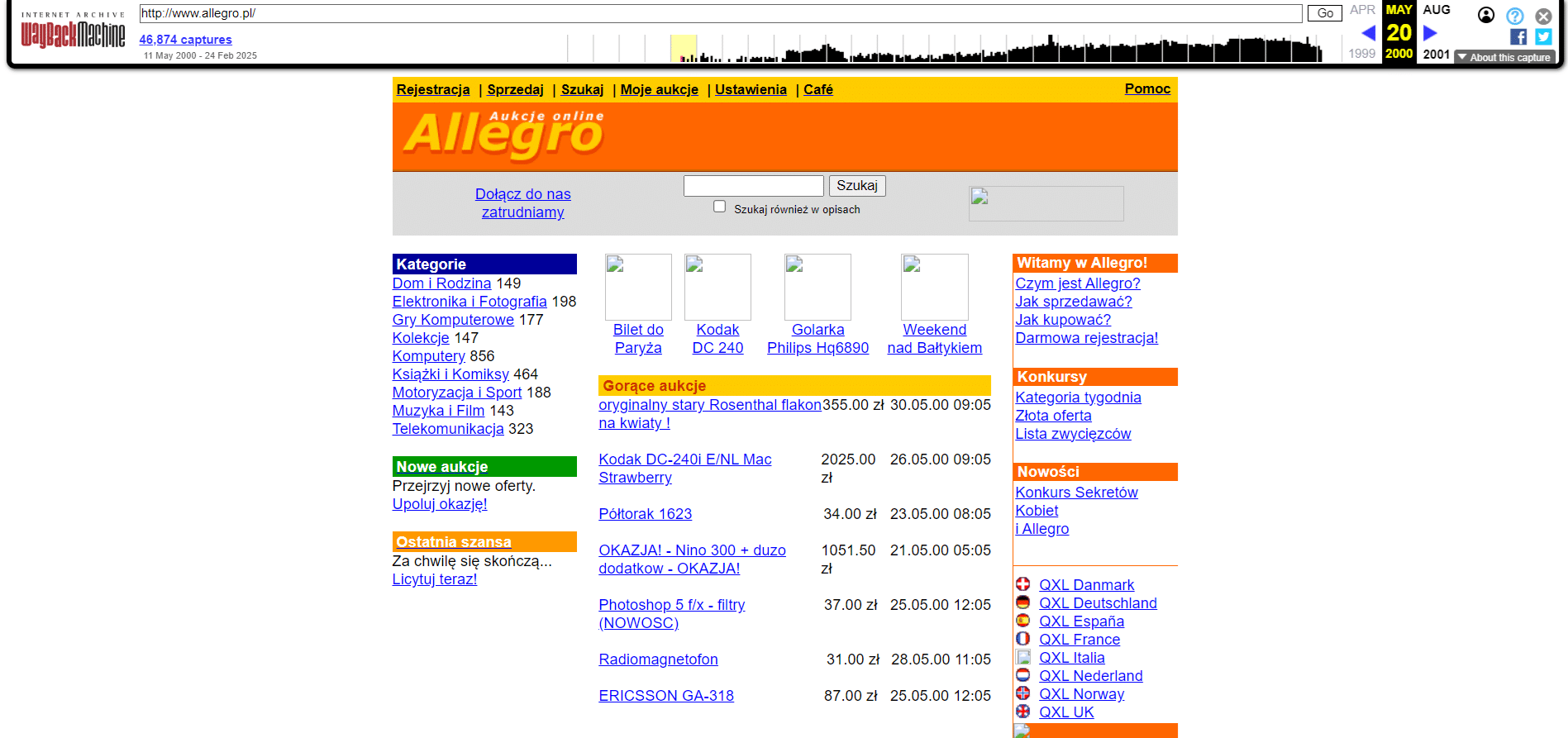 Wayback Machine - wygląd strony allegro.pl w maju 2000 roku