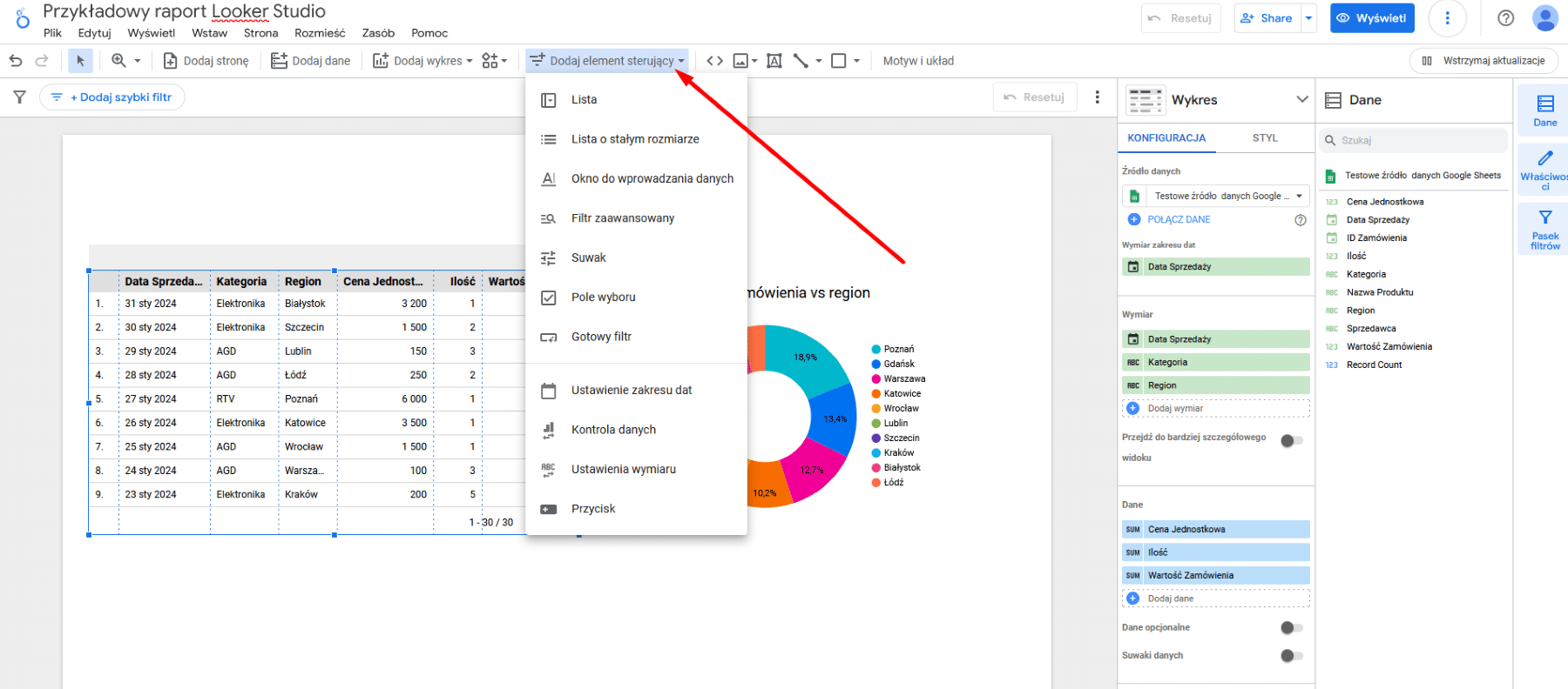 Looker Studio (Google Data Studio) - kontrolki danych