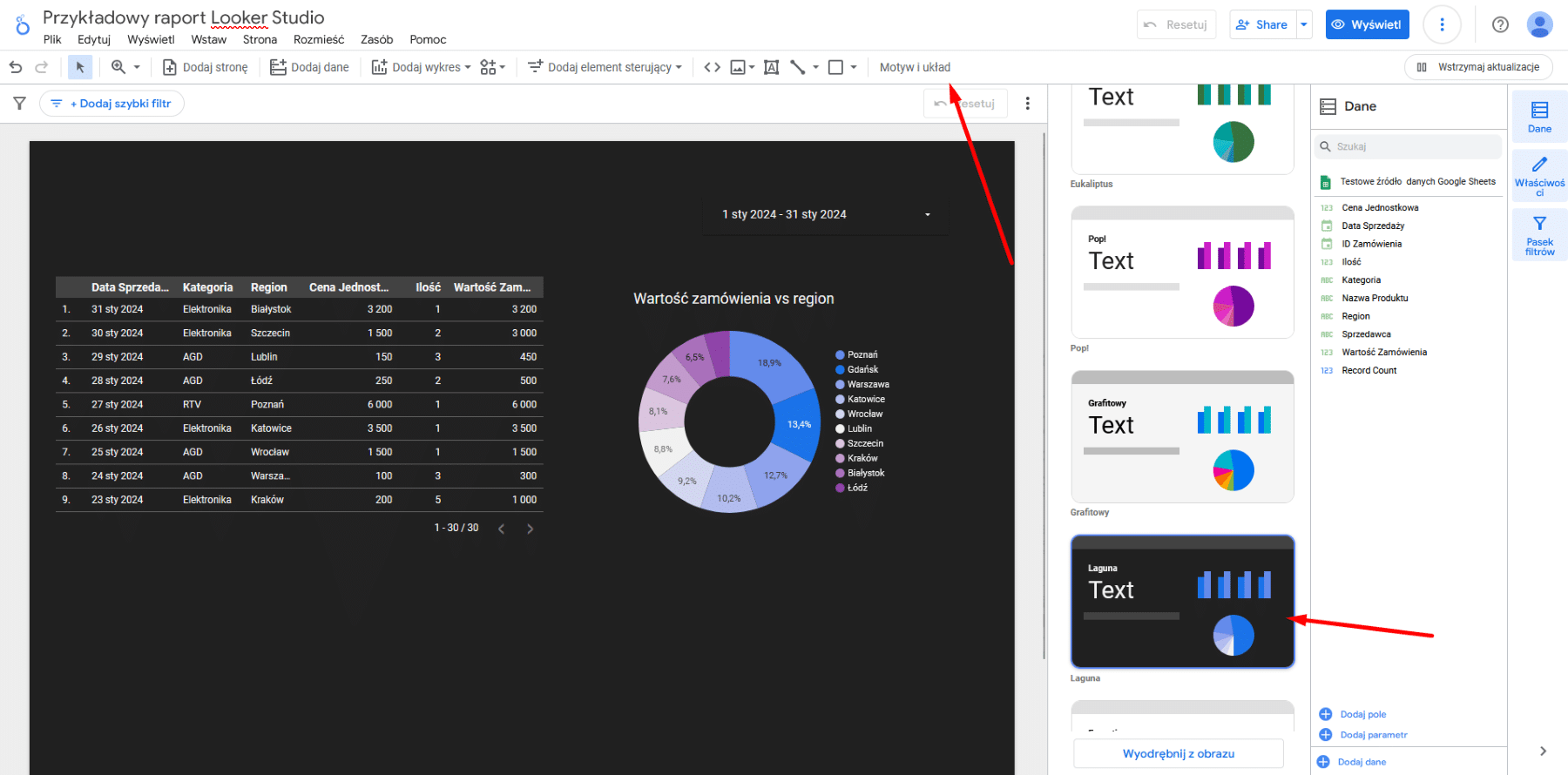 Wybór szablonu w Looker Studio (Google Data Studio)