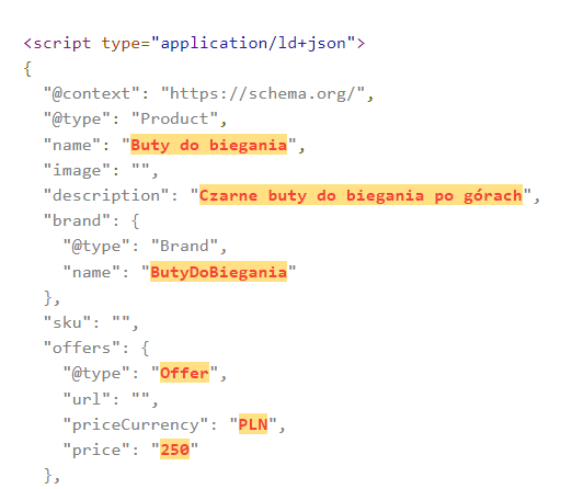Dane strukturalne o produkcie - widok w kodzie HTML strony