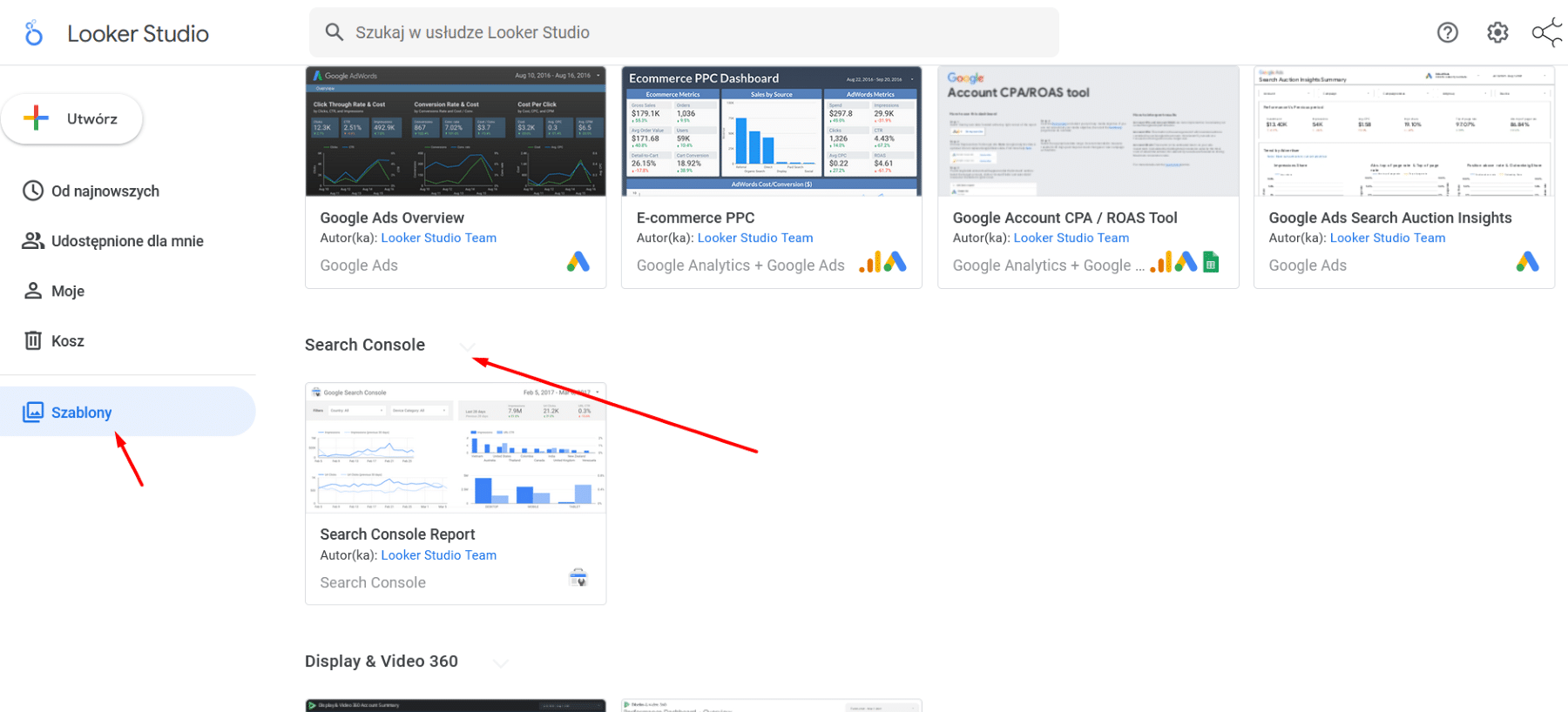 Looker Studio (Google Data Studio) - wybór predefiniowanego szablonu (tu: Google Search Console)