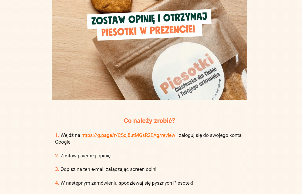 Treść e-maila z zachętą do pozostawienia opinii w Google