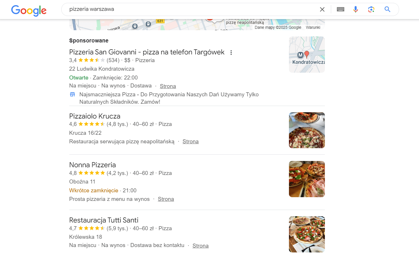 Opinie Google widoczne w Local Pack po wpisaniu frazy "pizzeria warszawa"
