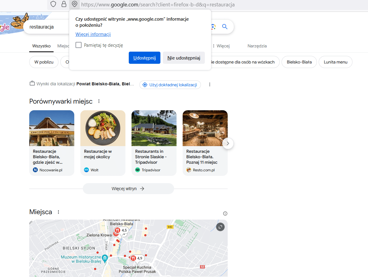 Przykład wykorzystania geolokalizacji w wynikach wyszukiwania Google