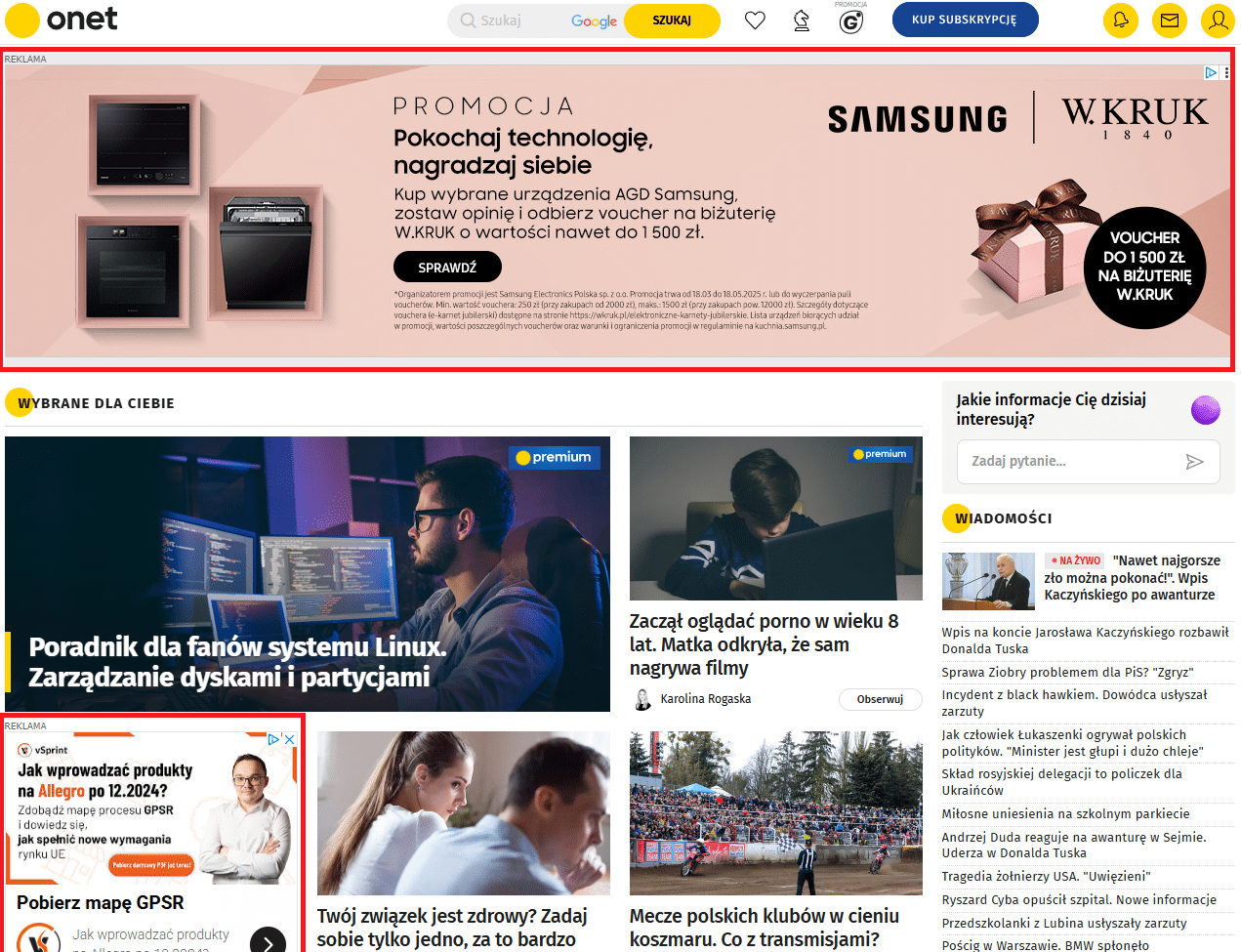 Reklamy Google Ads na portalu horyzontalnym onet.pl