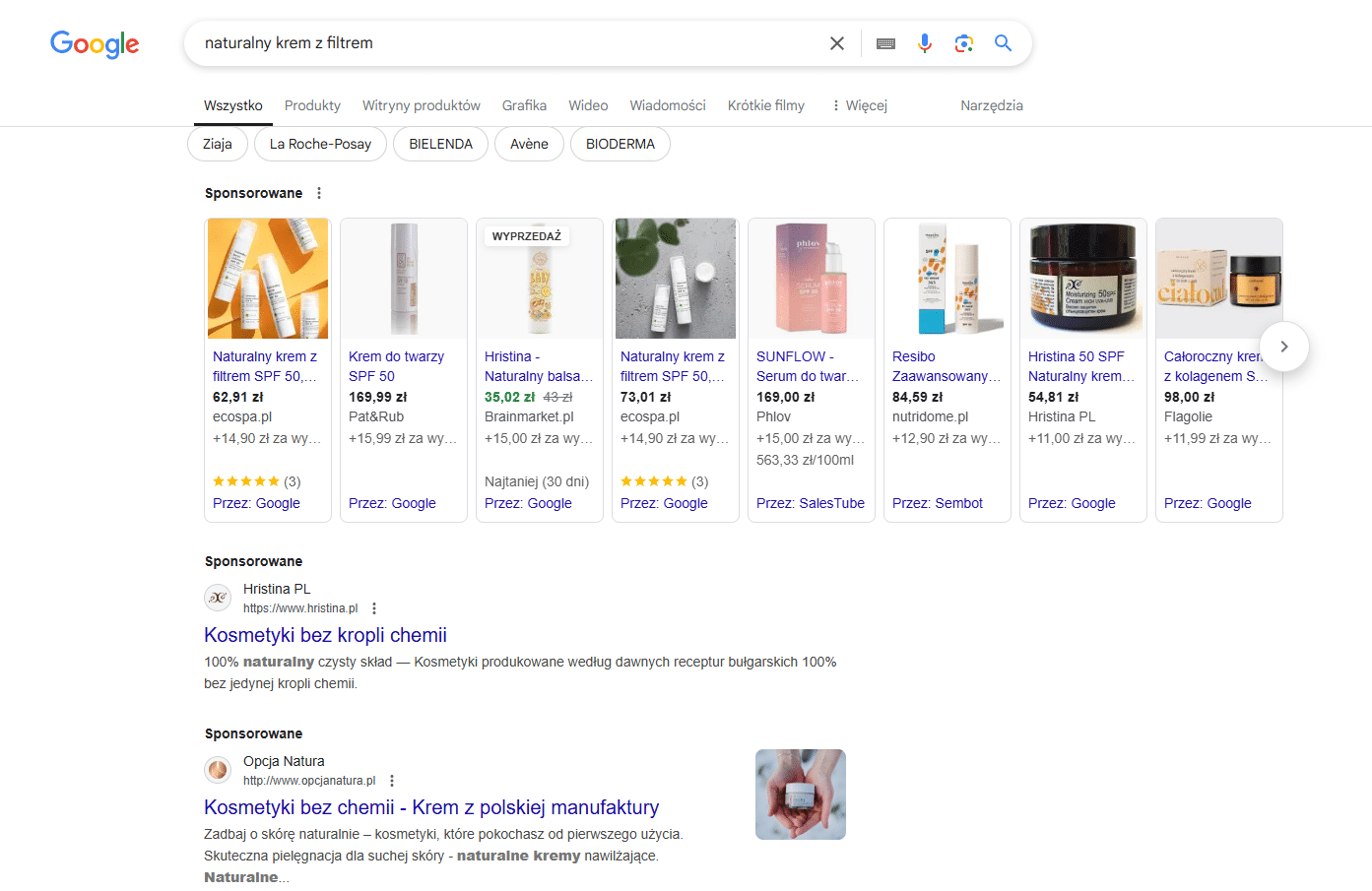 Przykładowe płatne wyniki wyszukiwania w Google