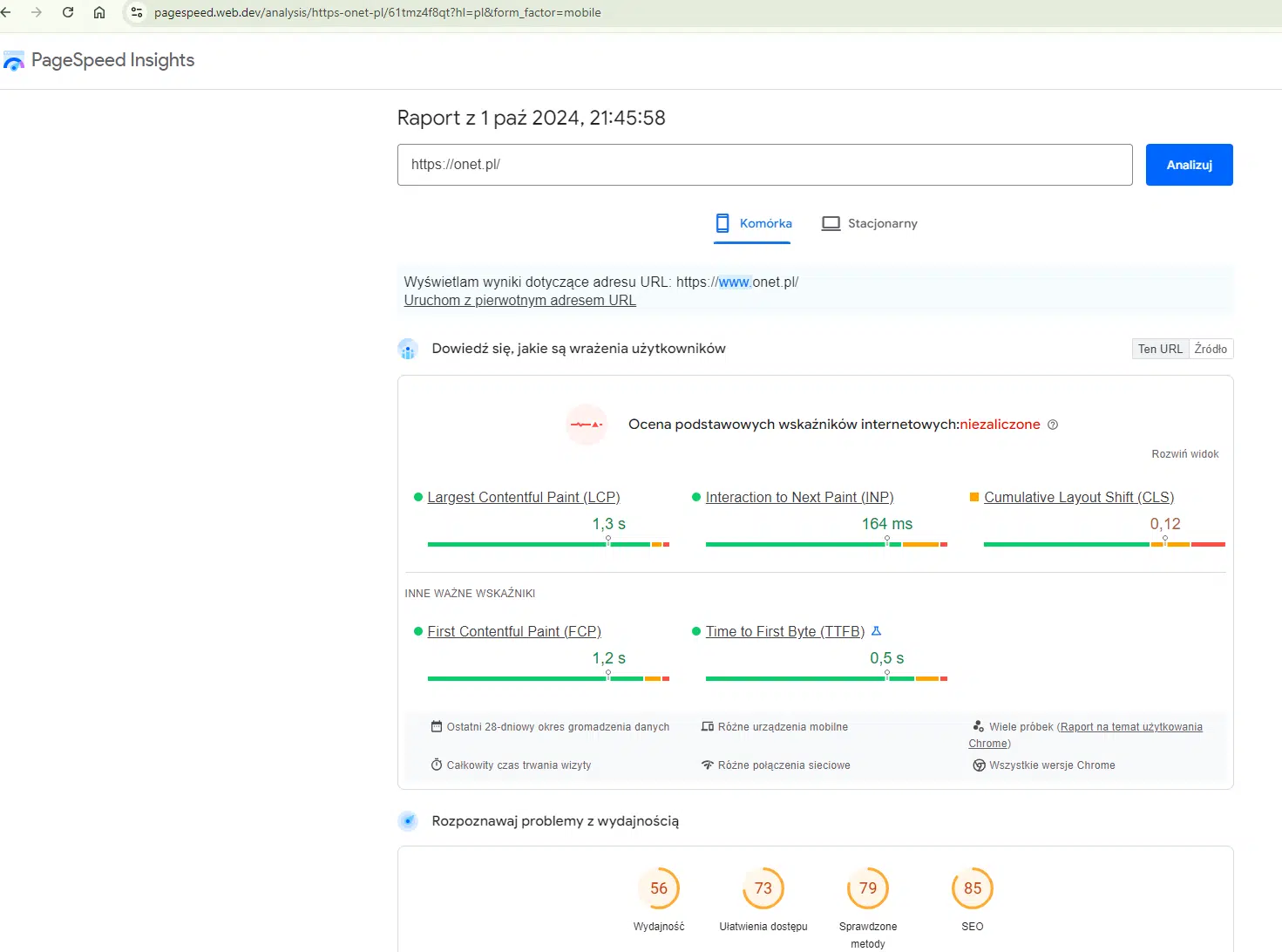 Badanie Core Web Vitals za pomocą narzędzia PageSpeed Insights