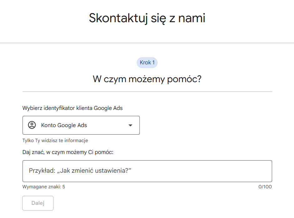 Formularz zgłoszenia do supportu Google Ads - wskazanie problemu