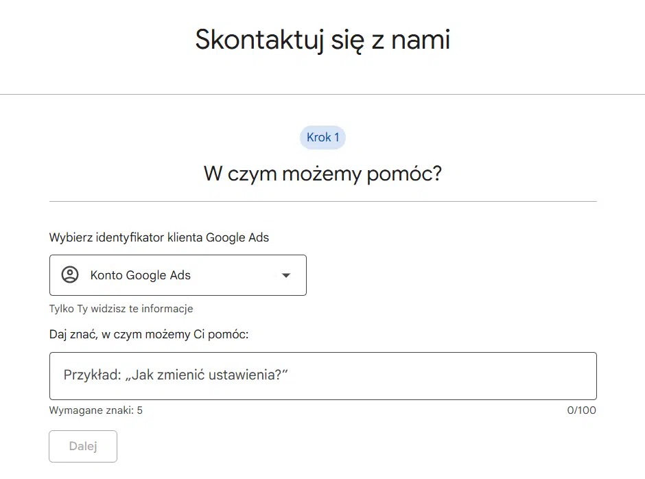 Formularz zgłoszenia do supportu Google Ads - wskazanie problemu