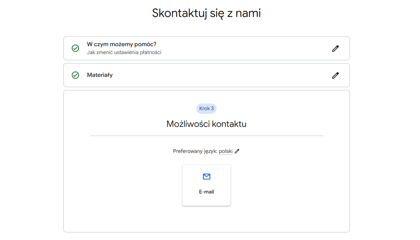 Formularz zgłoszenia do supportu Google Ads - kontakt mailowy